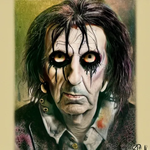 Prompt: alice cooper, portrait, obscure render, aesthetic, gaudy colors, matte painting