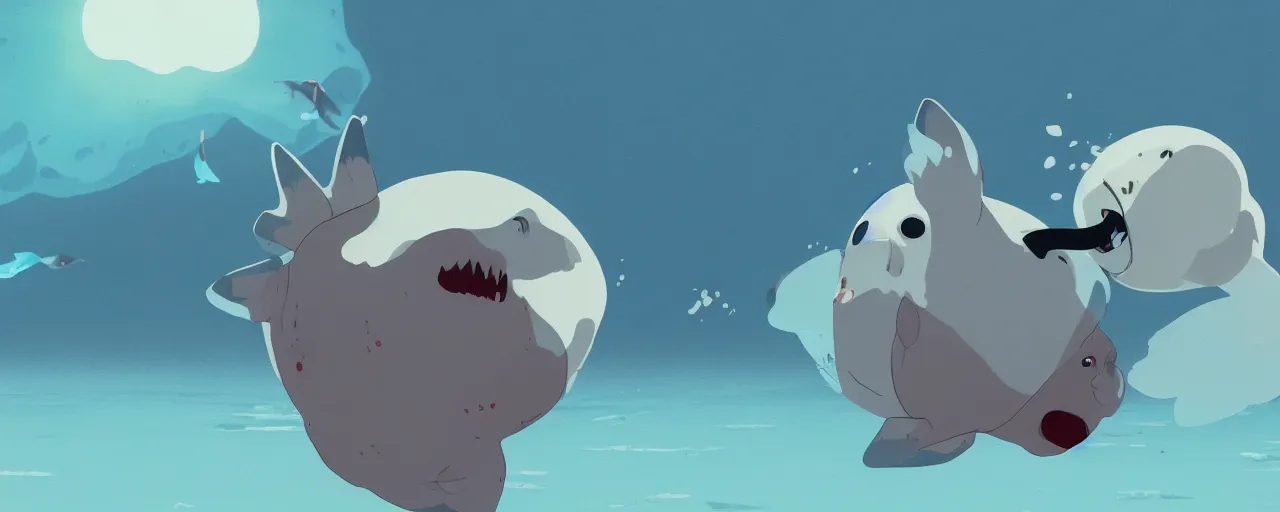 Prompt: piranhas attacking a baby harp seal in a tropical river, blood in the water, atey ghailan, goro fujita, studio ghibli, rim light, dark lighting, clear focus, very coherent