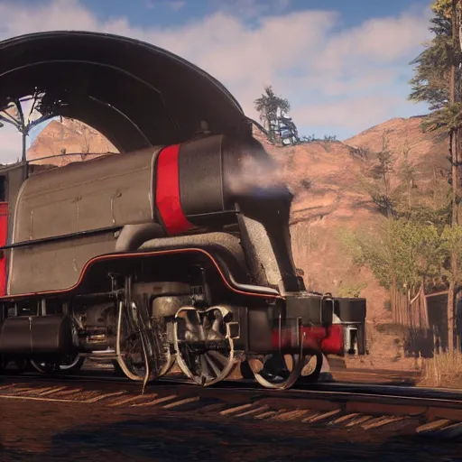 Image similar to futuristic sleek steam locomotive in red dead redemption 2