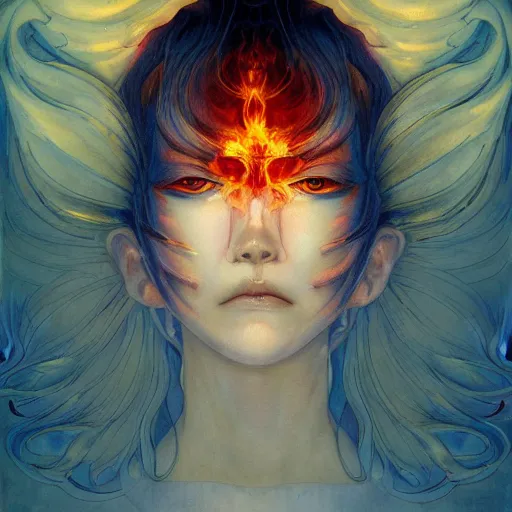 Image similar to prompt : flames portrait soft light painted by james jean and katsuhiro otomo and erik jones, inspired by evangeleon anime, smooth face feature, intricate oil painting, high detail illustration, sharp high detail, manga and anime 1 9 9 9