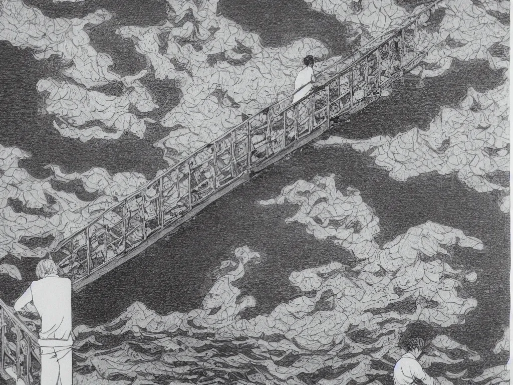 Image similar to lithograph printed in 1976. It depicts a man in a art gallery viewing a print of a seascape. The man's reflection is seen in the print, and the reflection shows the man walking down a staircase. The staircases in the print appear to be infinite, By M. C. Escher, colorized by Hayao Miyazaki