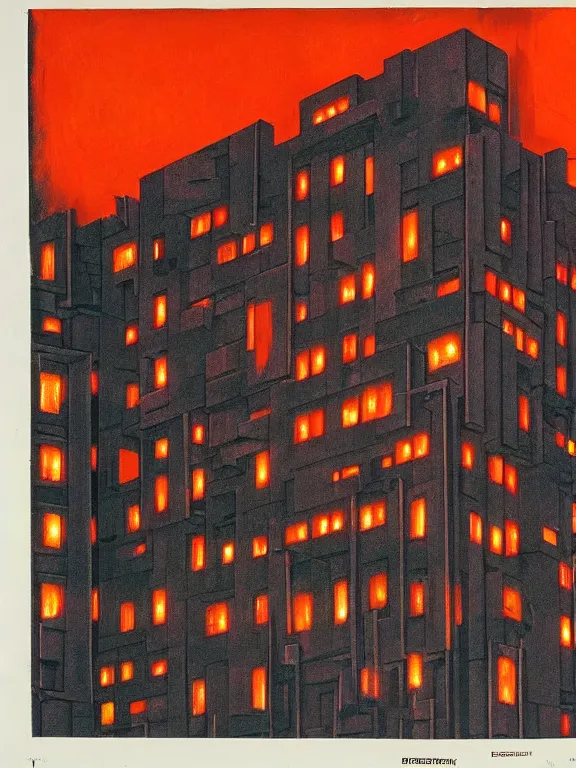 Image similar to painting by beksinsky, giger, bosch of soviet residential building, brutalism architecture, red lights are on windows, demons in adidas, hellish, dark night, hell fire, epic, street lamps as bones with orange light, several birches with skulls, veins wired, mega detailed