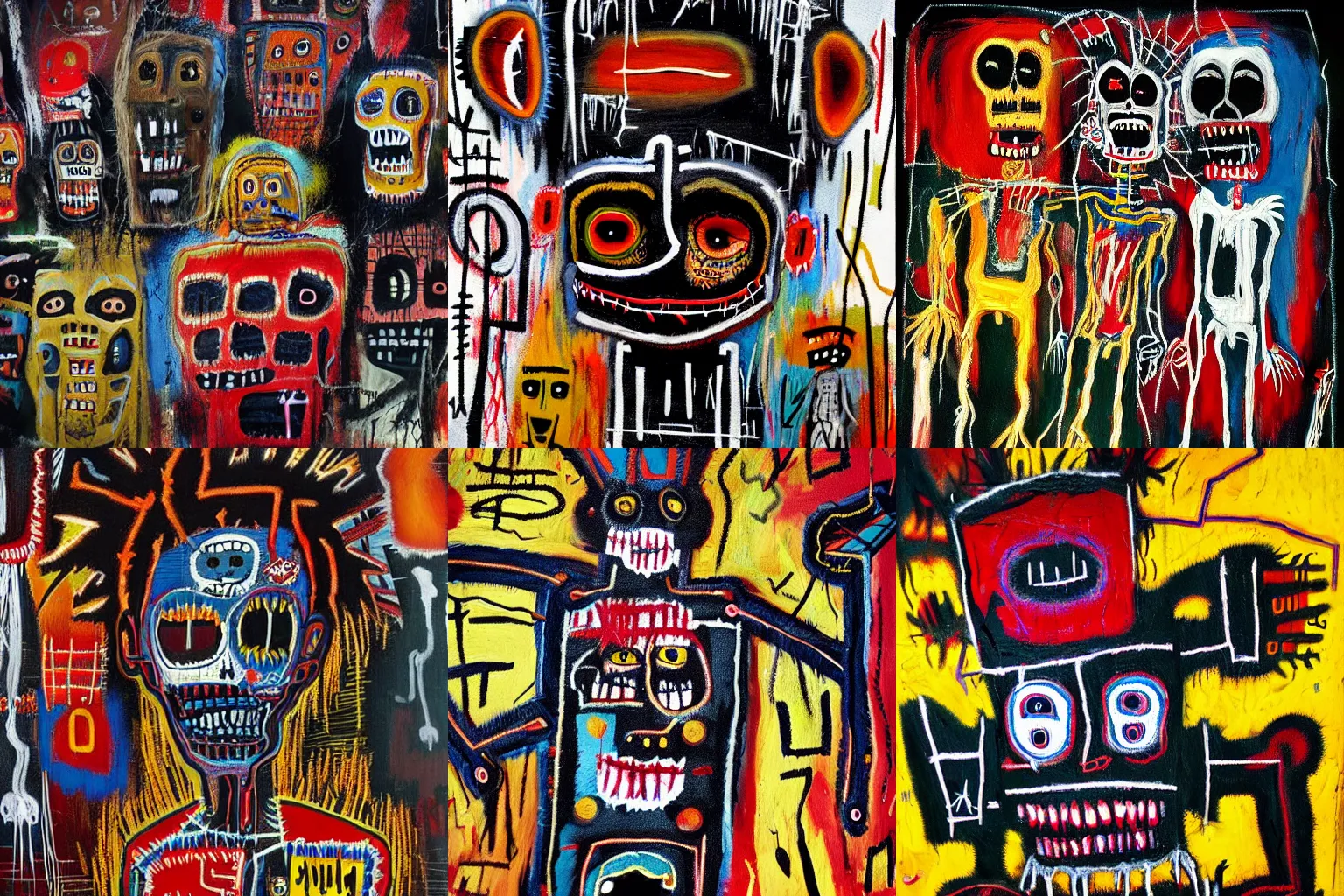 Prompt: extremely highly detailed scary evil terrifying haitian black voodoo dolls paintings by Jean-Michel Basquiat, 8k, , high textures, hyper sharp, insanely detailed and intricate, super detailed, 4k HDR high quality