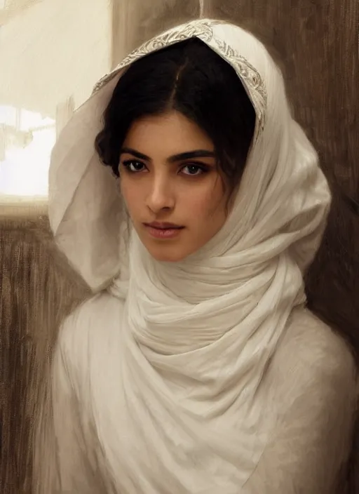 Image similar to arab Ameera al-Taweel, blue eyes, wavy black hair, tanned skin, white veil, intricate, elegant, highly detailed, artstation, concept art, sharp focus, ruan jia, jurgens, orientalism, bouguereau