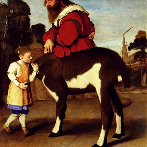 Image similar to court dwarf riding a goat, by diego velazquez