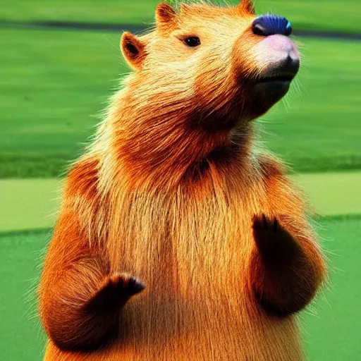 Image similar to Realistic anthropomorphic Capybara playing golf outside