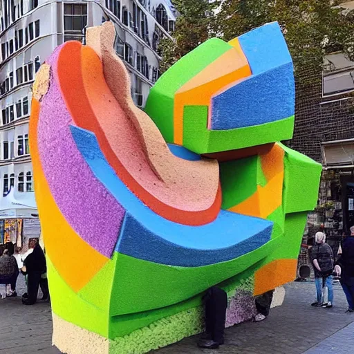 Prompt: by miriam schapiro, by kurt schwitters imposing instagram. a sculpture of a city made entirely out of kulich, a traditional russian easter bread. the city is bustling with activity. the sculpture is playful & whimsical, with a touch of magic.