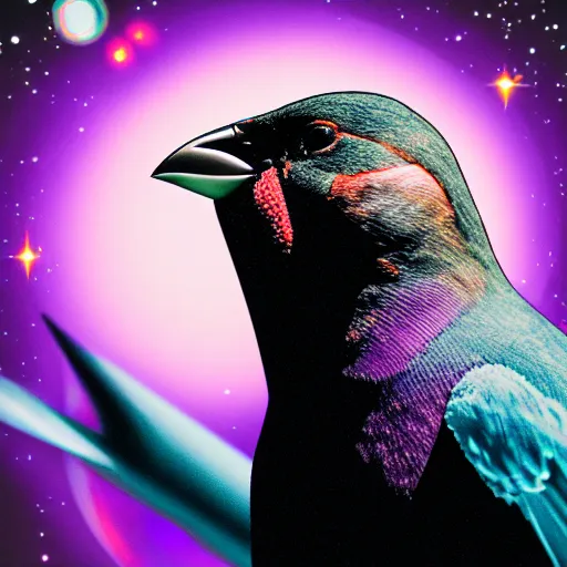 Prompt: Finch with two bodybuilder arms instead of wings, staring up into a purple blackhole, with the universe in the background, sideview, medium shot, realistic award-winning photograph, anamorphic lens