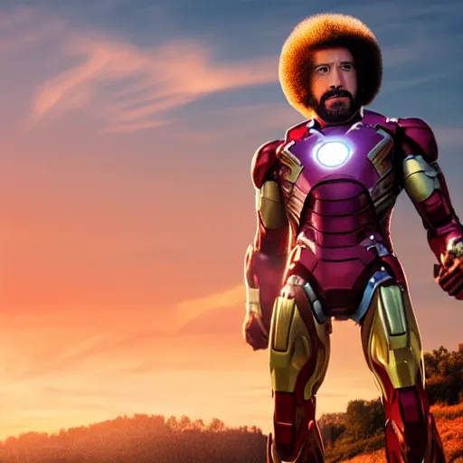 Image similar to a still of Bob Ross as Ironman. Magic Hour. Professional photography, 4K. Mood