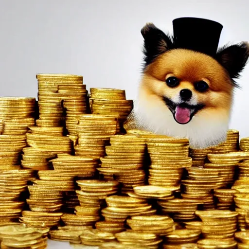 Image similar to A pomeranian wearing a top-hat, sitting on top of a large pile of gold coins