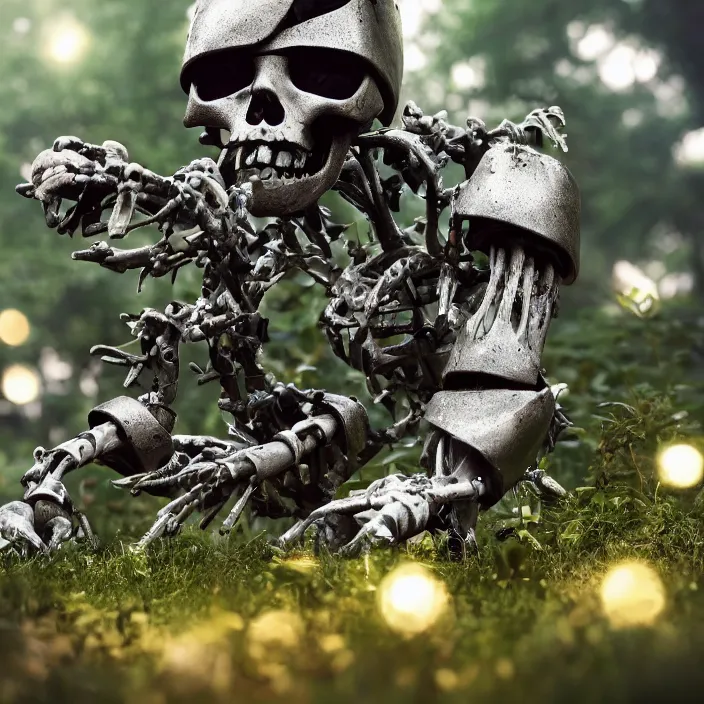 Prompt: overgrown foliage over a full - robot skeleton on the ground, close - up, 3 5 mm, f 1. 8, bokeh, beautiful, lens flare, emotional, sweet, flowers, detailed, picture, trending on artstation, award - winning, shiny, golden