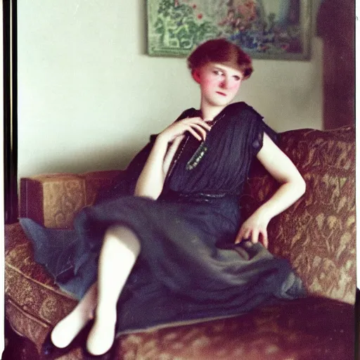 Prompt: a vintage 1 9 1 0 s kodachrome slide of a young woman at home sitting on a couch.