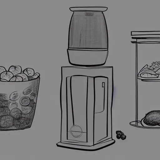 Prompt: a food dispenser surround by beautiful drawings, concept style