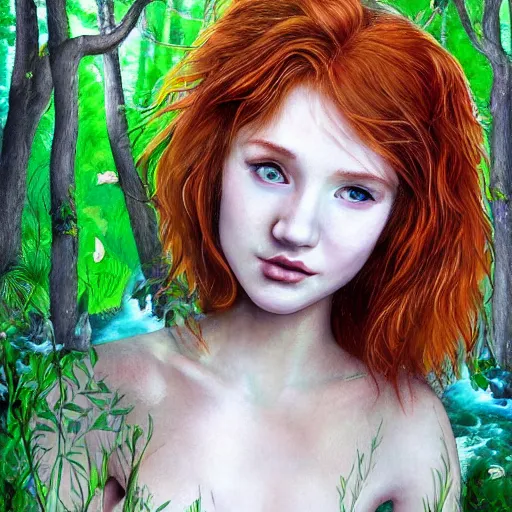 Image similar to !!!!!Ed Sheeran!!!!! as a shy forest nymph. beautiful flowing auburn hair and slender feminine body. this nymph is so demure. She plays along the banks of an enchanted river in a cozy glade. I feel happy when I see this wonderful work of art. Highly detailed art.