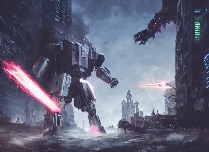 Image similar to medieval cyberpunk knight running from a gigantic ethereal armored mech in a scenic destroyed city, armor inspired by star wars and iron man, cybernetic implants, beautiful digital art, epic lighting, epic composition, sharp focus