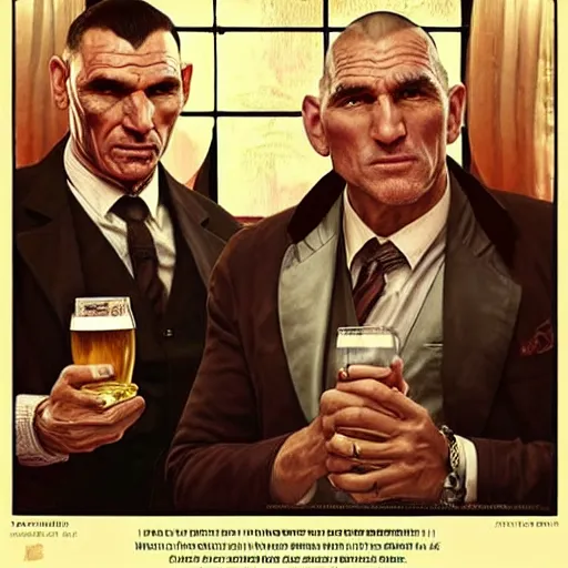 Prompt: vinnie jones and ghandi drinking beer in a pub, real life skin, intricate, elegant, highly detailed, artstation, concept art, smooth, sharp focus, art by artgerm and greg rutkowski and alphonse mucha