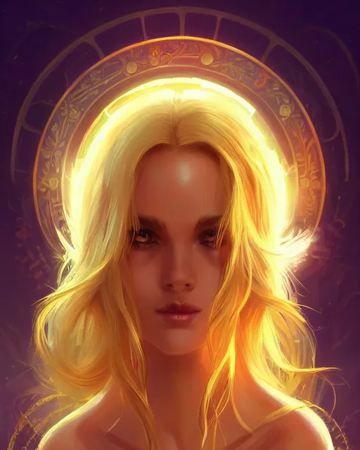 Image similar to a beautiful sun sorceress, flowy yellow golden hair, golden eyes, sun, summer, cinematic lighting, highly detailed, digital painting, trending on artstation, pixiv, concept art, sharp focus, illustration, art by ross tran and wlop, dark art