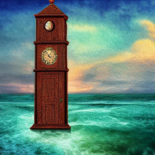 Prompt: Victorian clock tower in an ocean landscape, digital art, surrealism, impasto, contest winner