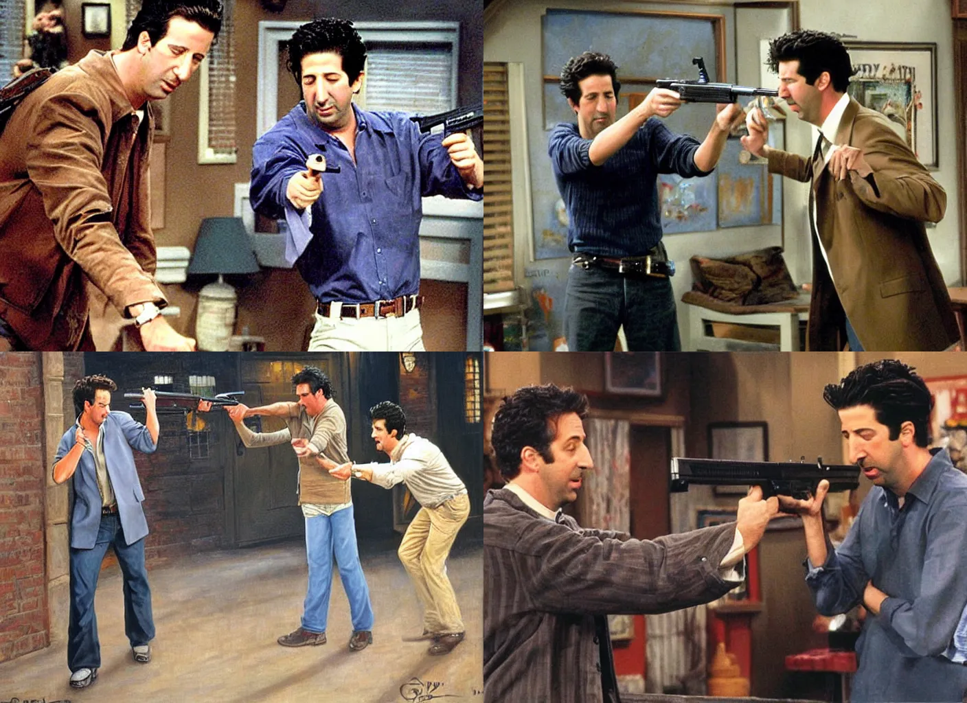 Prompt: young Matthew Perry firing a pistol at david schwimmer, 'friends' tv show episode, epic painting by James gurney