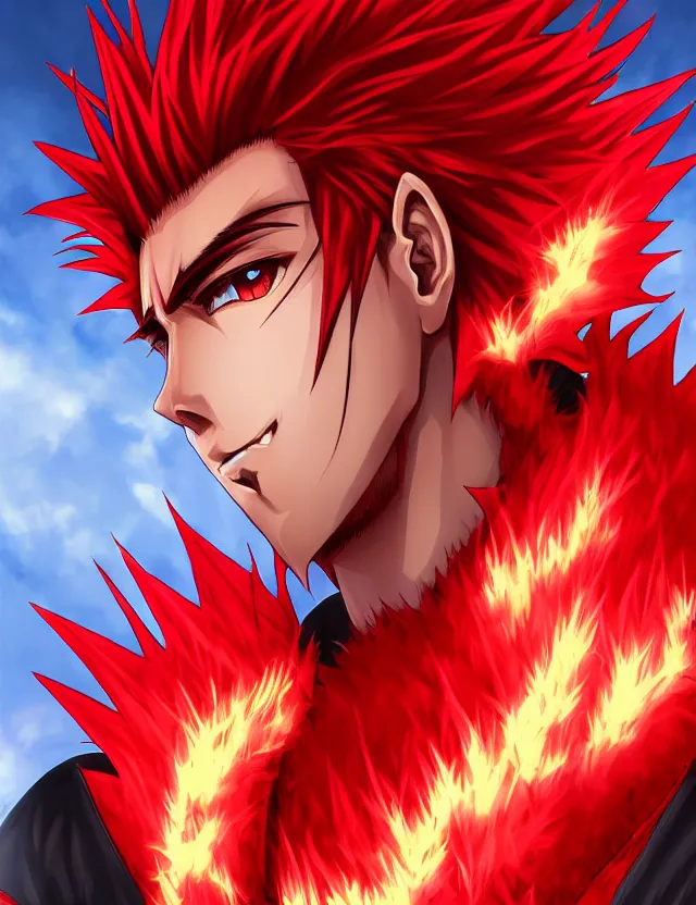 Image similar to a detailed manga portrait of a handsome tall man with spiked crimson hair in fiery crimson crystalline armour, trending on artstation, digital art, 4 k resolution, detailed, high quality, sharp focus, hq artwork, coherent, insane detail, character portrait