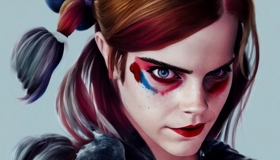 Image similar to emma watson is harley quinn, hyperdetailed, artstation, cgsociety, 8 k