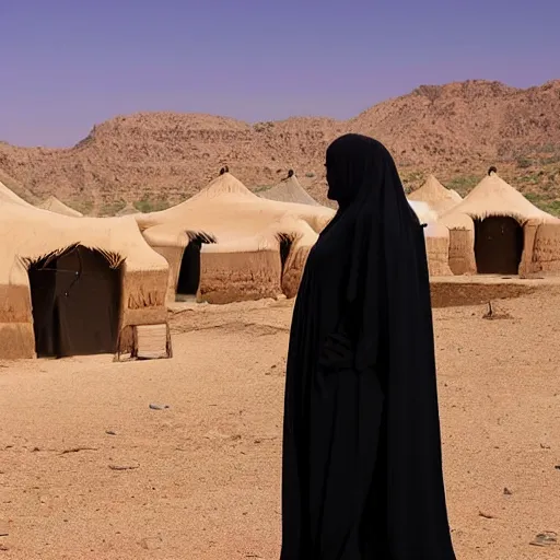 Image similar to low shot photo of feminine and lean arab woman wearing a long purple dress, wearing burqa, strutting, with najdi mud houses in the background, in the style of annie leibovitz amd steve meiele