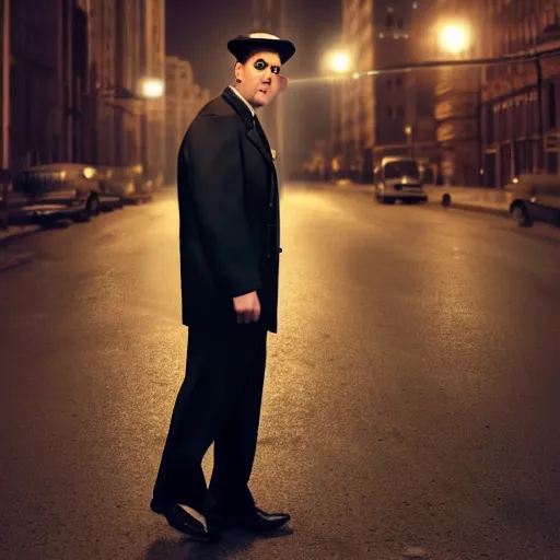 Prompt: an brown haired man with a squarish chin wearing a 1 9 4 0's noire detective outfit, standing in the streets of chicago at night, photography 4 k, octane render, highly realistic photograph