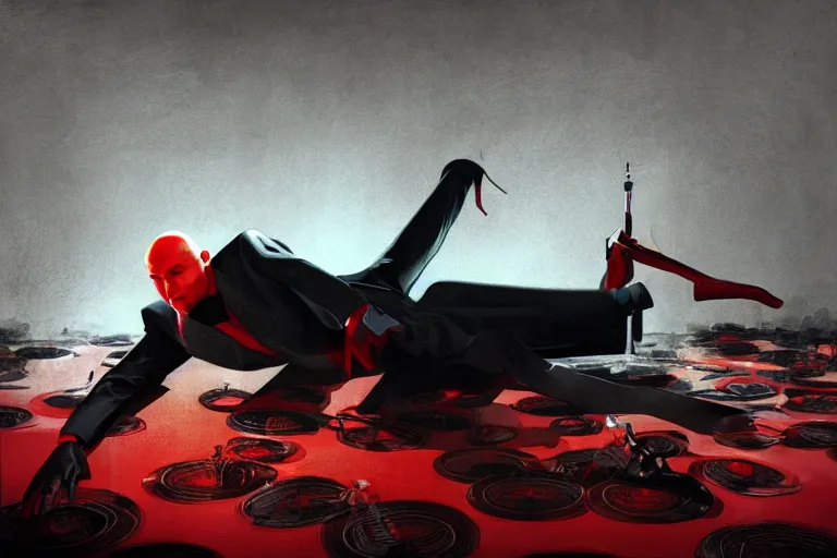 Image similar to an expressive portrait of agent 4 7 from hitman wearing headphones and laying on a floor of vinyl records, dark background, red rim light, digital art, artstation, concept art by giger stalenhag