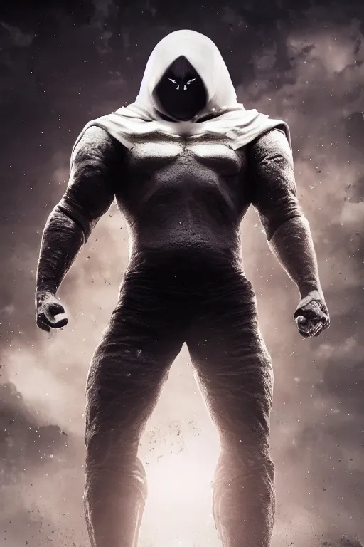 Image similar to hyperrealistic photography of Moon Knight mixed with Dardevil style of Hossein Diba, full-shot, merged character, 4k, highly detailed, cinematic lighting, photorealistic, 3d render, award winning render, unreal engine, masterpiece, octane render, sharp focus, studio lighting, 8k, hd