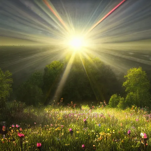 Prompt: rhythmic interval tectonic surfaces as resonant waves of harmonic organic mystical megastructure crystal lattice pyramid architectures exploding with light and god rays in a meadow full of wildflowers by albert bierstadt, by glen small, photorealistic, god rays, octane render, depth of field, volumetric light, volumetric fog, holy spirit