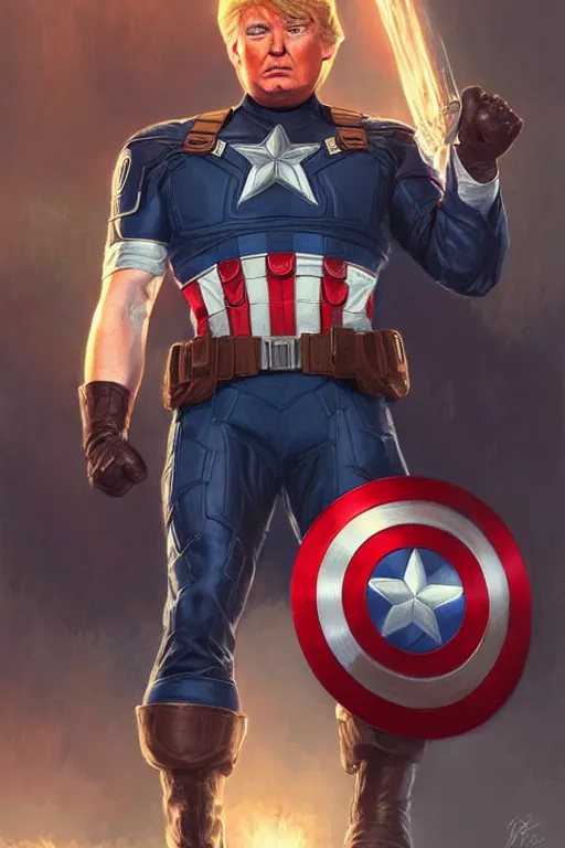 Image similar to Donald Trump as Captain America full body portrait, D&D, fantasy, intricate, elegant, highly detailed, digital painting, artstation, concept art, matte, sharp focus, illustration, art by Artgerm and Greg Rutkowski and Alphonse Mucha