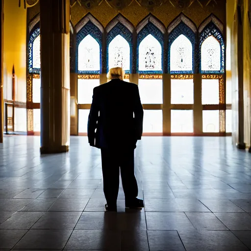 Image similar to Trump praying in mosque, award winning cinematic photography, 50 mm, blurred background, perfect faces