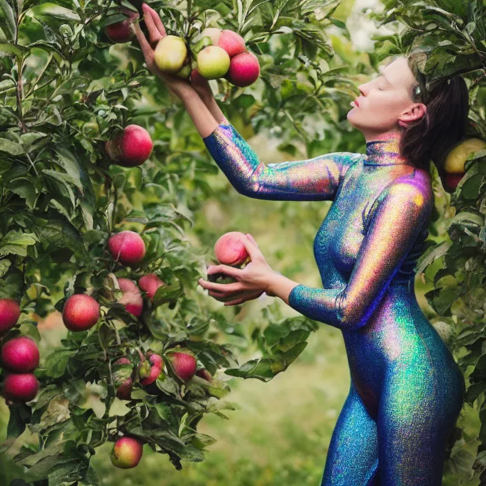 Prompt: a closeup portrait of a woman wearing an iridescent holographic bodysuit, picking apples from a tree, foggy, moody, photograph, by vincent desiderio, canon eos c 3 0 0, ƒ 1. 8, 3 5 mm, 8 k, medium - format print