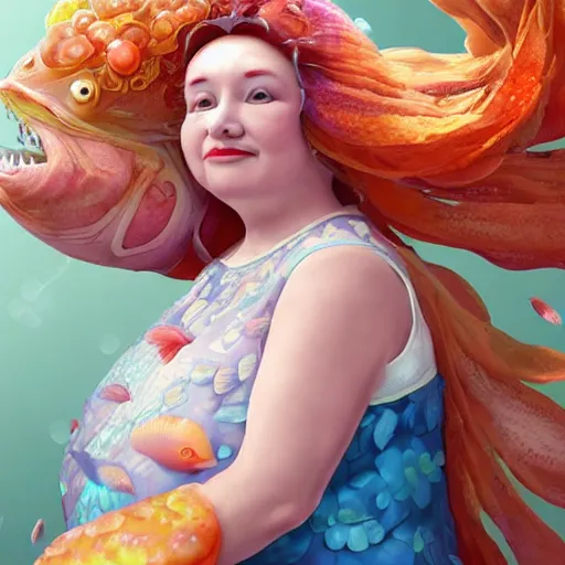 Image similar to of a very beautiful scene. ambient occlusion render. a sweet fat old woman is giving a birth to a huge colorful fish. flowery dress. mirror. symmetrical face, red mouth, blue eyes. deep focus, lovely scene. ambient occlusion render. concept art. unreal engine.