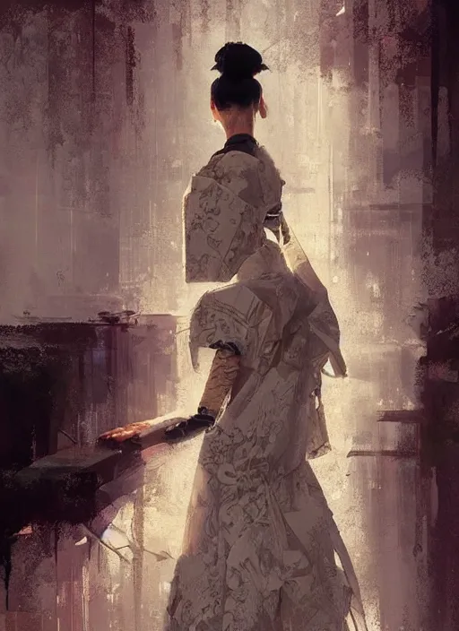 Image similar to female robot geisha girl, beautiful face, rule of thirds, intricate outfit, backlit, by greg rutkowski, by jeremy mann, digital painting