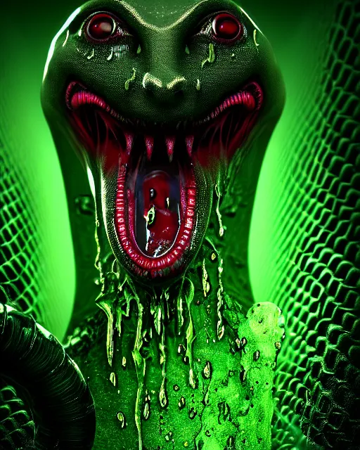 Image similar to realistic long textured tongue, demon wet humanoid alien, dripping green acid saliva, smoke, mouth in mouth in mouth, 4 large alien eyes, metallic reflective fangs, thin red veins, intricate grey snake scales ornate skin, cinematic light shadows, slimy reflections, crawling in a wet sewer pipe, flashlight lighting, insanely detailed