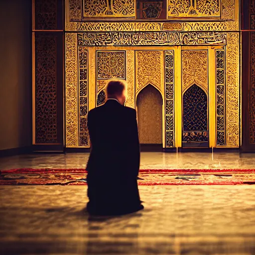 Image similar to Trump praying in mosque, award winning cinematic photography, 50 mm, blurred background, perfect faces