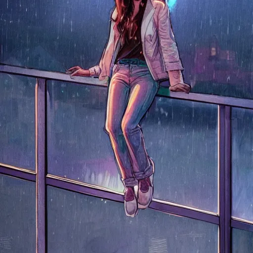 Prompt: a beautiful artwork of a woman in jeans and white shirt sitting on the balcony of a hotel at night, top view, neon and rainy theme atmosphere by Jerome Opeña, featured on artstation