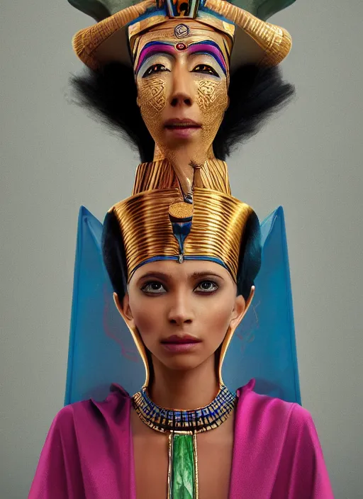 Image similar to an anthropomorphic beautiful female wizard of pharaoh holding a staff portrait wearing colourful robe, fine art, award winning, intricate, elegant, sharp focus, octane render, hyperrealistic, cinematic lighting, highly detailed, digital painting, 8 k concept art, art by jamie hewlett and z. w. gu, masterpiece, trending on artstation, 8 k