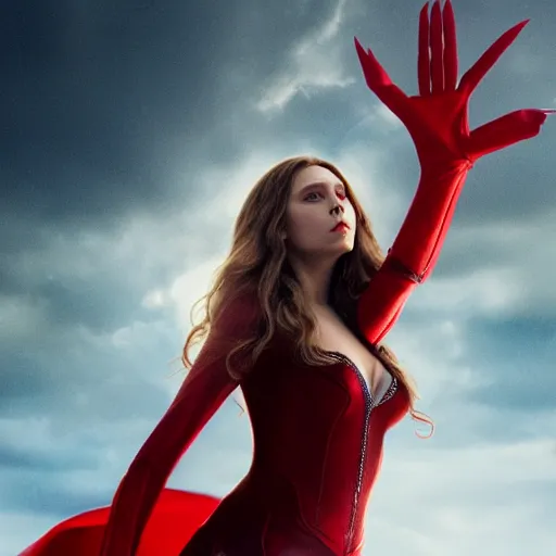 Image similar to movie still of elizabeth olsen as the scarlet witch afloat in the air with red eyes, using her magic to control the weather, trending on artstation, 8 k quality, cgsociety contest winner, artstation hd, artstation hq, luminous lighting, beautiful cloudy atmosphere