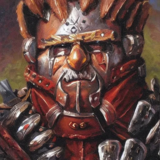 Image similar to a russian warrior who is wearing iron gauntlets in the shape of bear claws in the style of warhammer fantasy : : head and shoulders oil painting