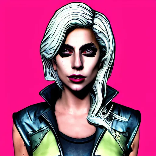 Image similar to lady gaga portrait, borderlands, tales from the borderlands, the wolf among us, comic, cinematic lighting, studio quality, 8 k