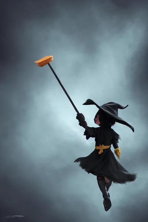 Prompt: a tiny witch, flying on her tiny broom, magical dust, black cat, dramatic lighting, cinematic, establishing shot, extremely high detail, foto realistic, cinematic lighting, post processed, concept art, high details, cinematic, 8k resolution, beautiful detailed, photorealistic, digital painting, artstation, concept art, smooth, sharp focus, artstation trending, octane render, unreal engine