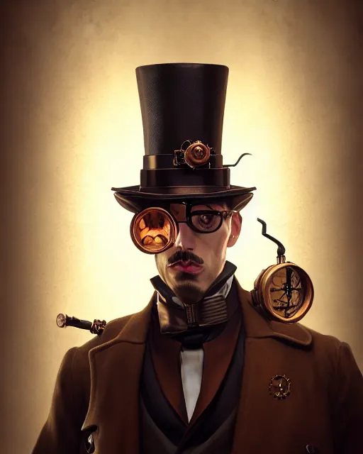 Prompt: steampunk male portrait, handsome man wearing detective coat, steampunk monocle, complex 3 d render by ilya kuvshinov, peter mohrbacher, greg rutkowski, ryohei hase, dramatic lighting, intricate, highly detailed, sharp focus, luminous, unreal engine, blender, artgems, masterpiece, ray tracing