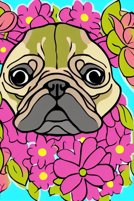 Image similar to portrait of a flower rambo pug, art by milka oxana, sticker, colorful, illustration, highly detailed, simple, smooth and clean vector curves, no jagged lines, vector art, smooth