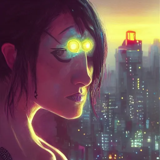 Image similar to molly millions, closeup portrait of a young beautiful cyberpunk woman, glowing eye implants, black hair in a rough shag, sunset, neuromancer, street samurai, cyberpunk city background, megacity, gorgeous view, depth, painted by seb mckinnon, high detail, digital art, painted by greg rutkowski, trending on artstation