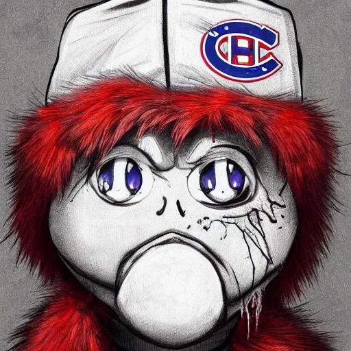 Image similar to scary anime Portrait of horrific Youppi the Habs Montreal Canadiens Mascot as a very dead powerful and violent pokemon, highly detailed anime, high evolution, 1990s, legendary, smooth, sharp focus, dynamic lighting, intricate, trending on ArtStation, stuff of nightmares, illustration pokemon, art by WLOP