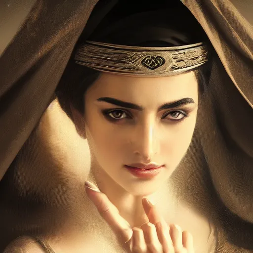 Image similar to a Photorealistic dramatic hyperrealistic render of an arab ameera al taweel, blue eyes, black hair, white veil,by WLOP,Artgerm,Greg Rutkowski,Alphonse Mucha, Beautiful dynamic dramatic dark moody lighting,shadows,cinematic atmosphere,Artstation,concept design art,Octane render,8K