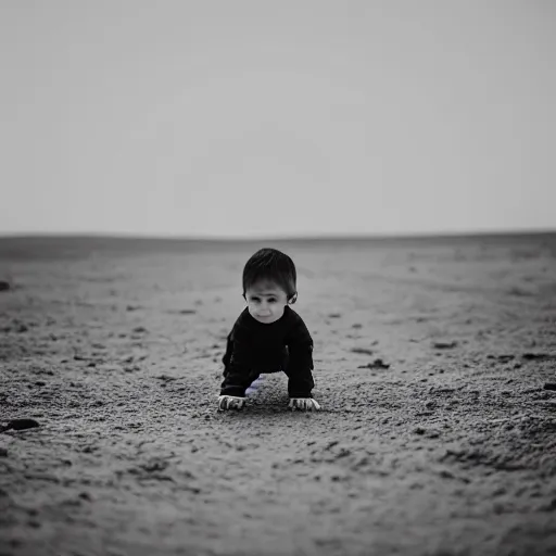 Prompt: an infant child crawling on the surface of the moon, 🌕, baby, human, crawl, canon eos r 3, f / 1. 4, iso 2 0 0, 1 / 1 6 0 s, 8 k, raw, unedited, symmetrical balance, wide angle