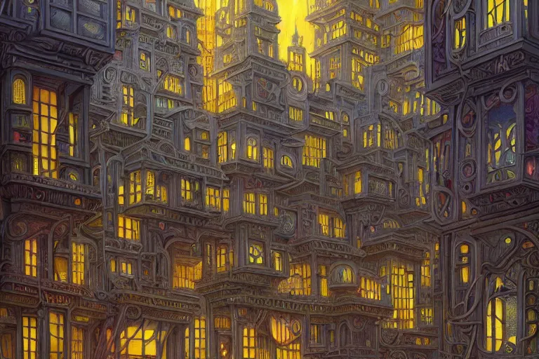 Image similar to beautiful painting of an art moderne city, glowing windows. reflective detailed textures, moth wings and flowering vines and wroght iron, highly detailed dark fantasy science fiction painting by donato giancola and peter mohrbacher and nicholas roerich and diego rivera, elaborate geometric ornament, ancient runes, silver and cool colors. artstation